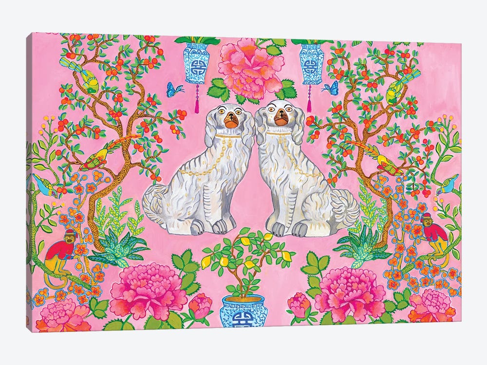 Staffordshire Dogs Chinoiserie In Pink by Green Orchid Boutique 1-piece Canvas Wall Art