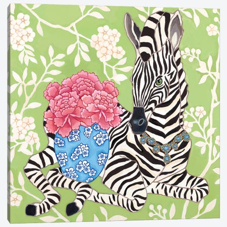 Preppy Zebra With Ginger Jar And Peonies On Chinoiserie Wallpaper Canvas Print #GBQ35} by Green Orchid Boutique Canvas Art Print