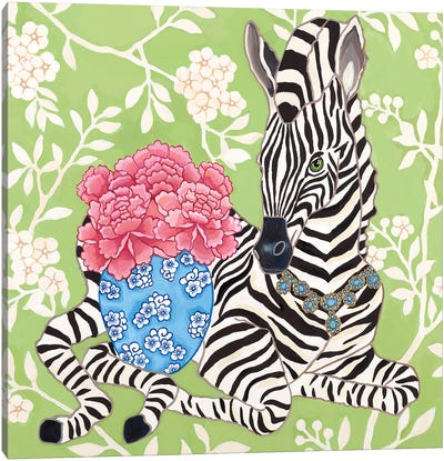 Preppy Zebra With Ginger Jar And Peonies On Chinoiserie Wallpaper Canvas Art Print - Green Orchid Boutique