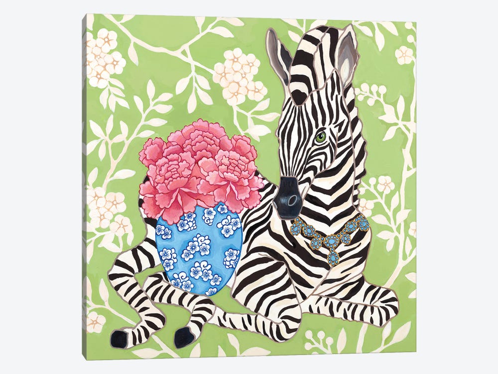 Preppy Zebra With Ginger Jar And Peonies On Chinoiserie Wallpaper by Green Orchid Boutique 1-piece Canvas Print