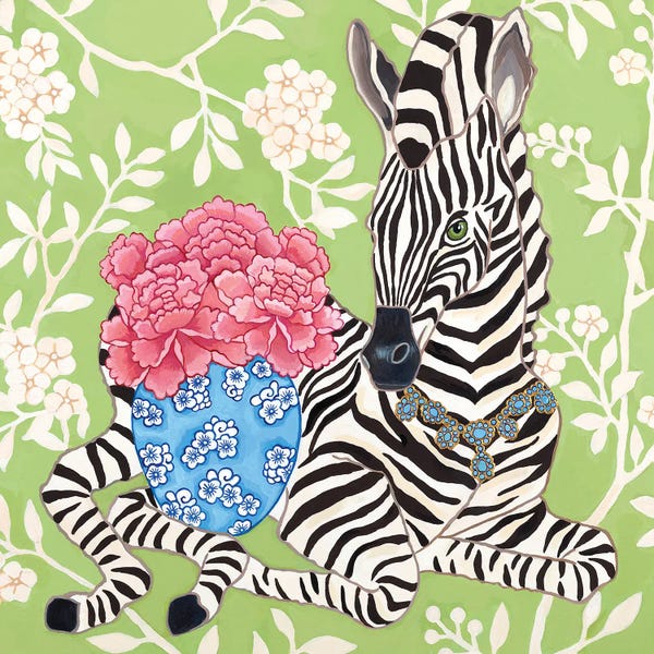 Zebras: Preppy Zebra With Ginger Jar And Peonies On Chinoiserie Wallpaper by Green Orchid Boutique