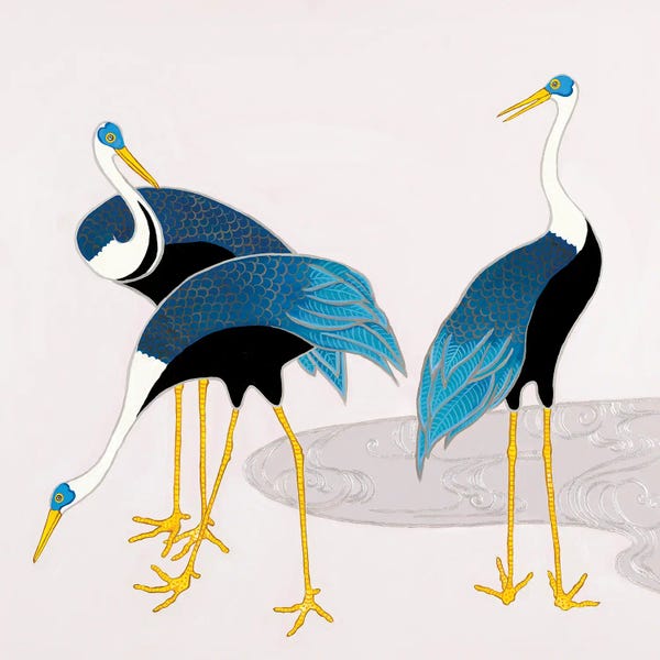 Japanese Décor: Blue And White Japanese Cranes On Mauve I by Green Orchid Boutique