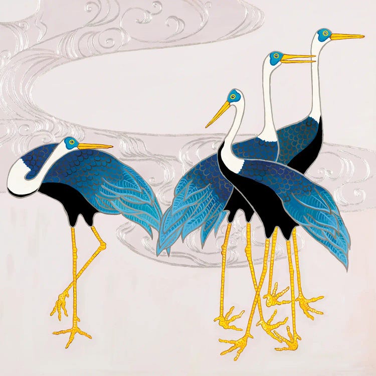 Blue And White Japanese Cranes On Mauve II