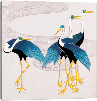 Blue And White Japanese Cranes On Mauve II Canvas Art Print - Green Orchid Boutique