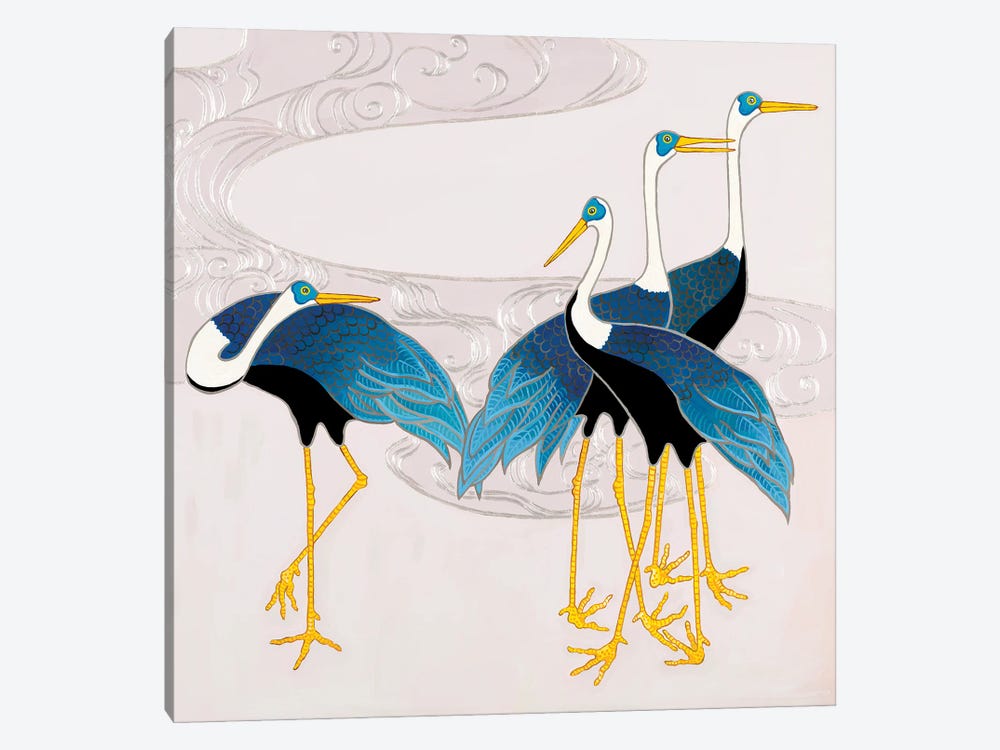 Blue And White Japanese Cranes On Mauve II by Green Orchid Boutique 1-piece Canvas Print