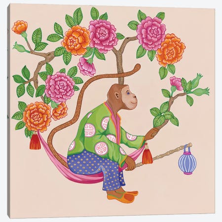 Chinoiserie Monkeys With Peonies And Roses I Canvas Print #GBQ38} by Green Orchid Boutique Canvas Art