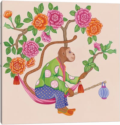 Chinoiserie Monkeys With Peonies And Roses I Canvas Art Print - Global Patterns