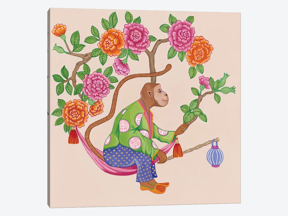 Chinoiserie Monkeys With Peonies And Roses I by Green Orchid Boutique 1-piece Canvas Wall Art