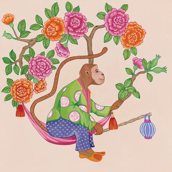 Office: Chinoiserie Monkeys With Peonies And Roses I by Green Orchid Boutique