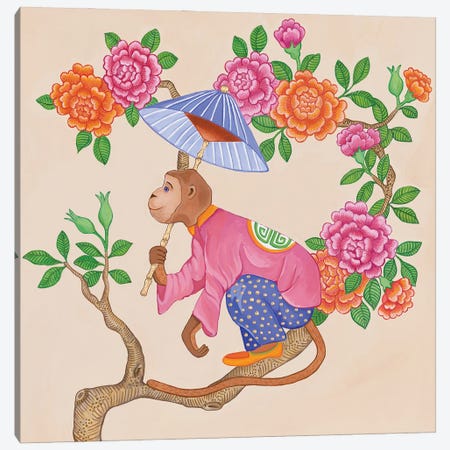 Chinoiserie Monkeys With Peonies And Roses II Canvas Print #GBQ39} by Green Orchid Boutique Canvas Artwork