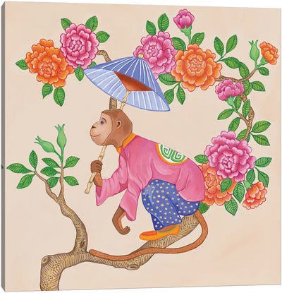 Chinoiserie Monkeys With Peonies And Roses II Canvas Art Print - Chinoiserie Art
