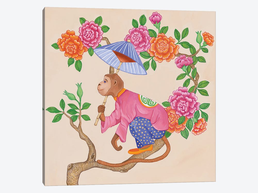 Chinoiserie Monkeys With Peonies And Roses II by Green Orchid Boutique 1-piece Art Print