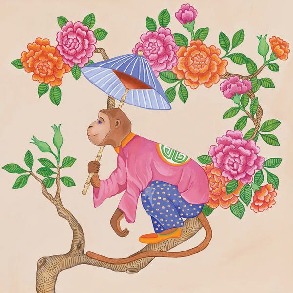 Office: Chinoiserie Monkeys With Peonies And Roses II by Green Orchid Boutique