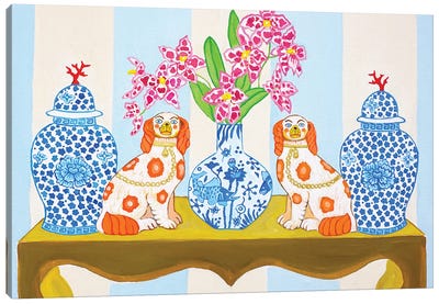 Staffordshire Dogs Chinoiserie With Ginger Jars On Blue Stripes Canvas Art Print - Asian Décor