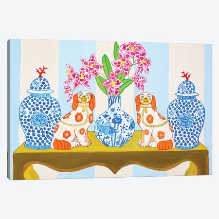 Staffordshire Dogs Chinoiserie With Ginger Jars On Blue Stripes Canvas Print #GBQ42} by Green Orchid Boutique Art Print