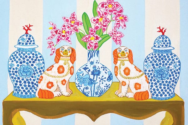 Bohemian Décor: Staffordshire Dogs Chinoiserie With Ginger Jars On Blue Stripes by Green Orchid Boutique