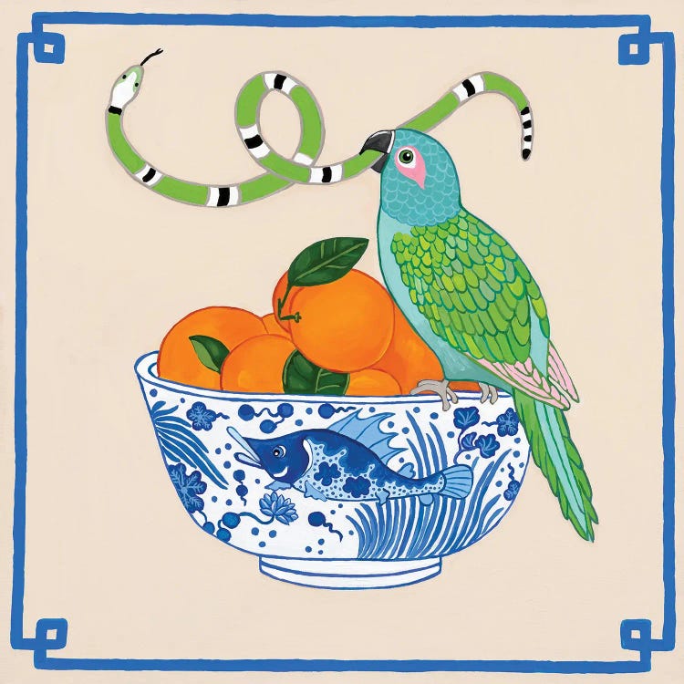 Parrot With Snakes On Chinoiserie Fish Bowl With Oranges