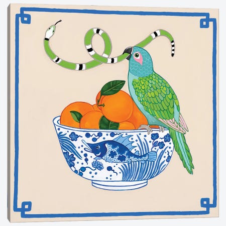 Parrot With Snakes On Chinoiserie Fish Bowl With Oranges Canvas Print #GBQ43} by Green Orchid Boutique Art Print