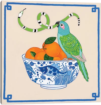 Parrot With Snakes On Chinoiserie Fish Bowl With Oranges Canvas Art Print - Orange Art