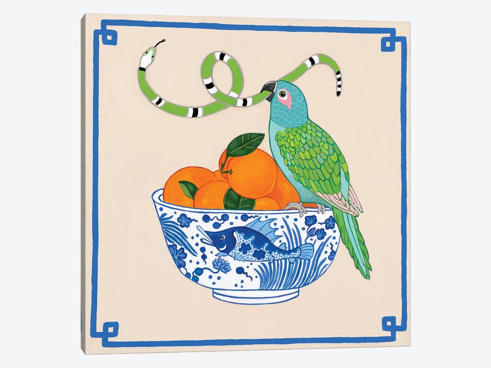 Parrot With Snakes On Chinoiserie Fish Bowl With Oranges by Green Orchid Boutique 1-piece Canvas Art