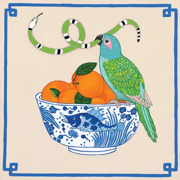 Parrot With Snakes II On Chinoiserie Fish Bowl With Oranges