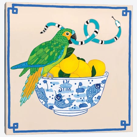 Parrot With Snakes On Chinoiserie Fish Bowl With Lemon Canvas Print #GBQ44} by Green Orchid Boutique Canvas Art