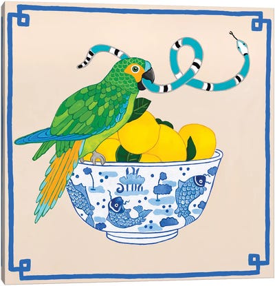 Parrot With Snakes On Chinoiserie Fish Bowl With Lemon Canvas Art Print - Green Orchid Boutique