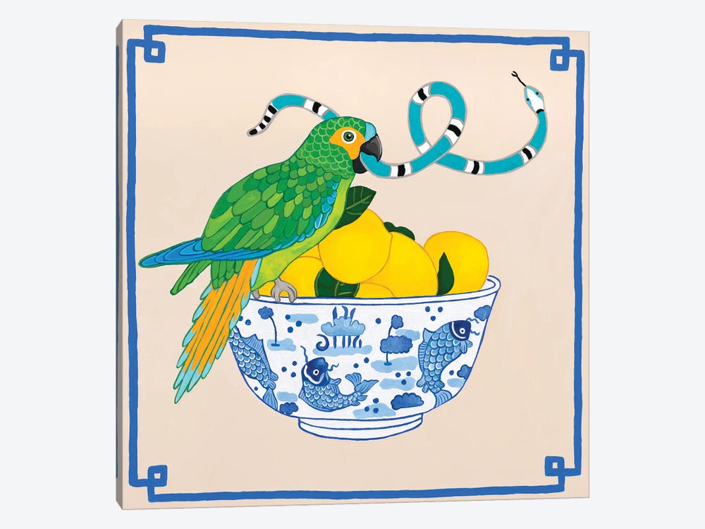 Parrot With Snakes On Chinoiserie Fish Bowl With Lemon by Green Orchid Boutique 1-piece Art Print