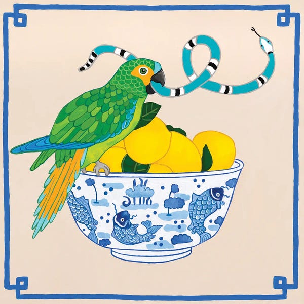Reptiles & Amphibians: Parrot With Snakes I On Chinoiserie Fish Bowl With Lemon by Green Orchid Boutique