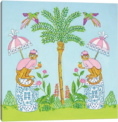 Chinoiserie Monkey In Palm Beach Canvas Art Print - Green Orchid Boutique