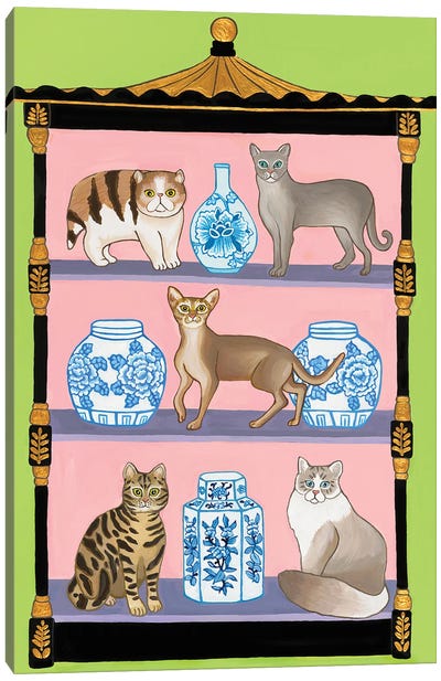 Chinoiserie Pagoda Etagere With Cats And Blue And White Ginger Jars And Vases Canvas Art Print - Global Patterns
