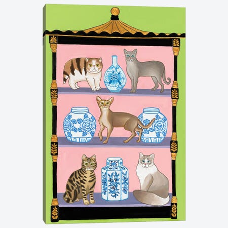 Chinoiserie Pagoda Etagere With Cats And Blue And White Ginger Jars And Vases Canvas Print #GBQ47} by Green Orchid Boutique Canvas Artwork