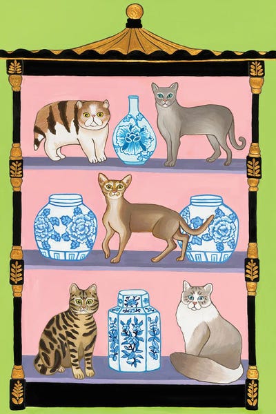 Chinoiserie: Chinoiserie Pagoda Etagere With Cats And Blue And White Ginger Jars And Vases by Green Orchid Boutique