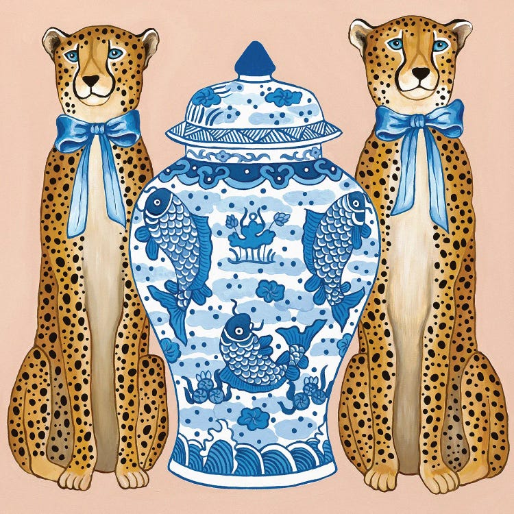 Chinoiserie Cheetahs With Blue And White Ginger Jar