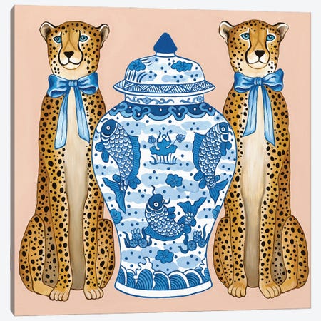 Chinoiserie Cheetahs With Blue And White Ginger Jar Canvas Print #GBQ4} by Green Orchid Boutique Art Print