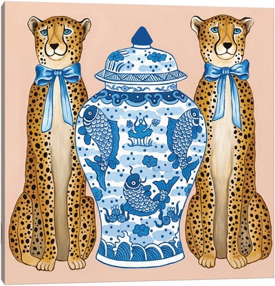 Chinoiserie Cheetahs With Blue And White Ginger Jar Canvas Art Print - Cheetah Art