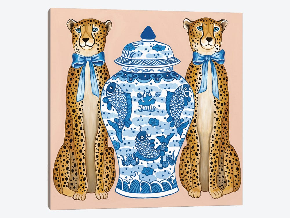 Chinoiserie Cheetahs With Blue And White Ginger Jar by Green Orchid Boutique 1-piece Canvas Art Print