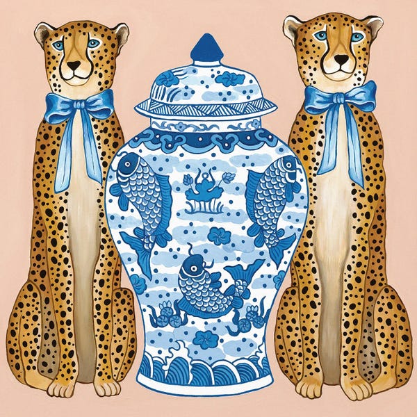 Bohemian Décor: Chinoiserie Cheetahs With Blue And White Ginger Jar by Green Orchid Boutique