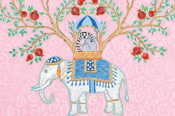 Lemurs: Chinoiserie Elephant With Lemur Monkey by Green Orchid Boutique