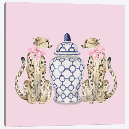 Chinoiserie Cheetahs On Pink With Ginger Jar Canvas Print #GBQ52} by Green Orchid Boutique Canvas Wall Art