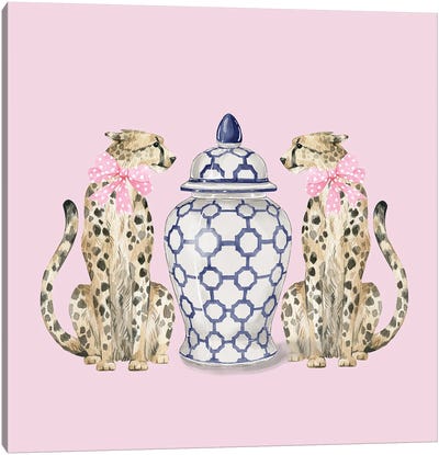 Chinoiserie Cheetahs On Pink With Ginger Jar Canvas Art Print - Asian Décor