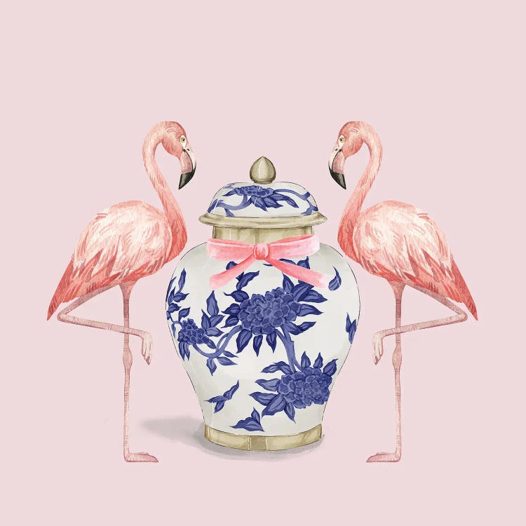 Chinoiserie Flamingos On Pink With Ginger Jar