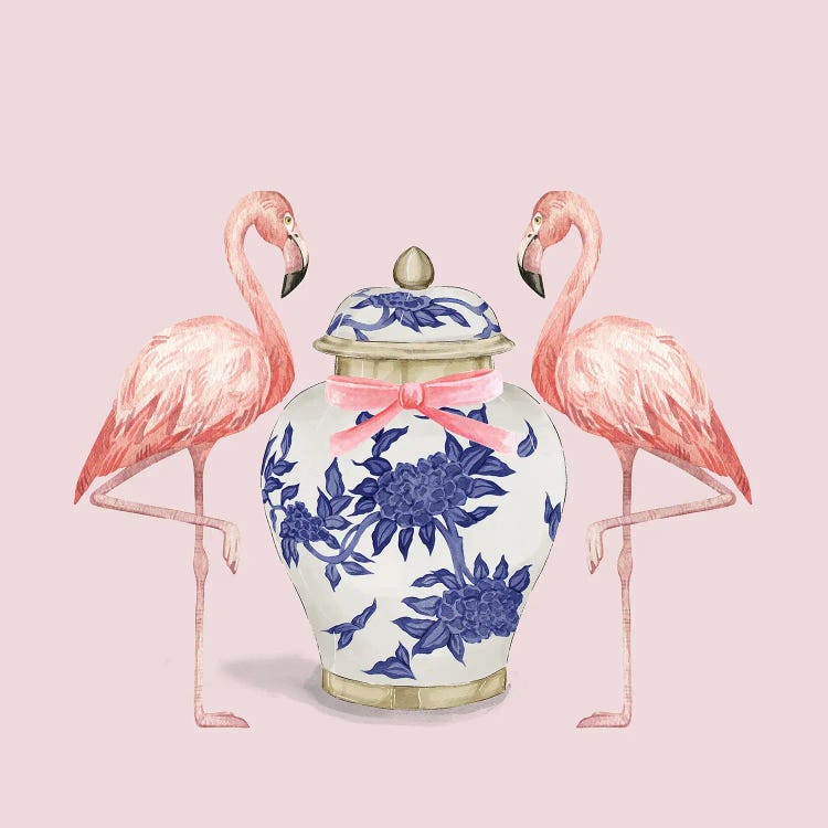 Chinoiserie Flamingos On Pink With Ginger Jar by Green Orchid Boutique wall art