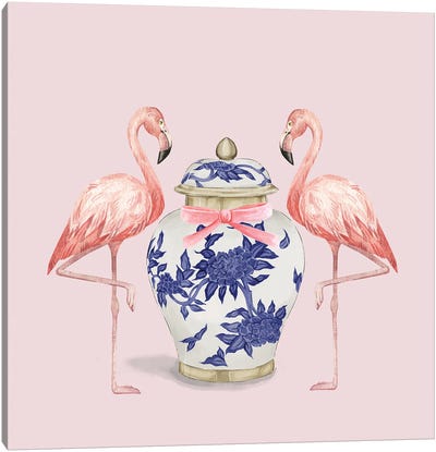 Chinoiserie Flamingos On Pink With Ginger Jar Canvas Art Print - Floral & Botanical Patterns