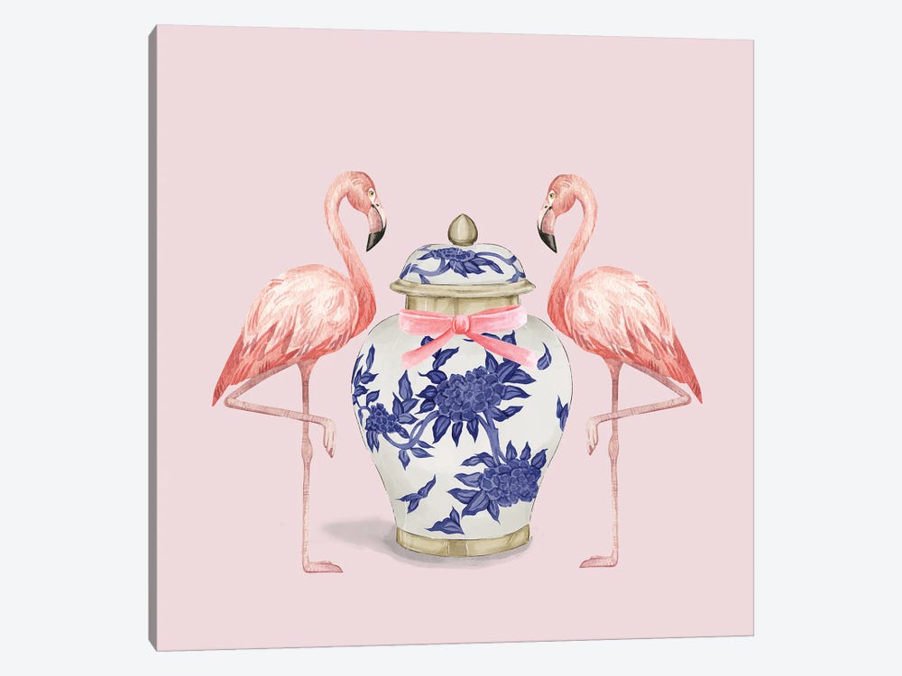 Chinoiserie Flamingos On Pink With Ginger Jar by Green Orchid Boutique 1-piece Canvas Print