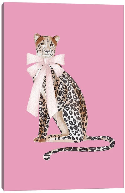 Bow Cheetah On Pink Canvas Art Print - Wild Cat Art