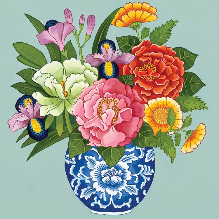 Chinoiserie Flowers Peonies Roses Chrysanthemum In Blue And White Ginger Jar On Blue by Green Orchid Boutique wall art