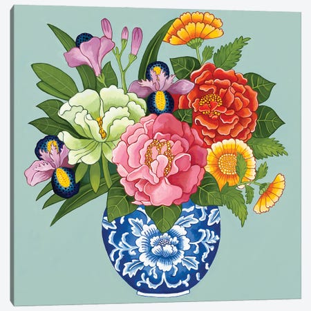Chinoiserie Flowers Peonies Roses Chrysanthemum In Blue And White Ginger Jar On Blue Canvas Print #GBQ55} by Green Orchid Boutique Canvas Art Print