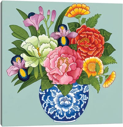 Chinoiserie Flowers Peonies Roses Chrysanthemum In Blue And White Ginger Jar On Blue Canvas Art Print - Chinoiserie Art