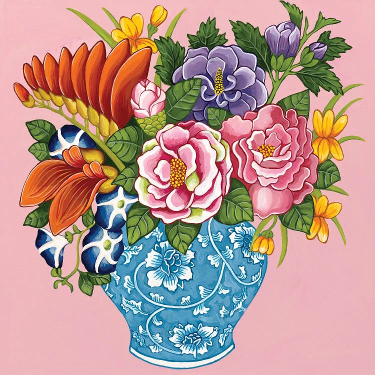 Chinoiserie Flowers Peonies Roses In Blue And White Ginger Jar On Pink by Green Orchid Boutique wall art